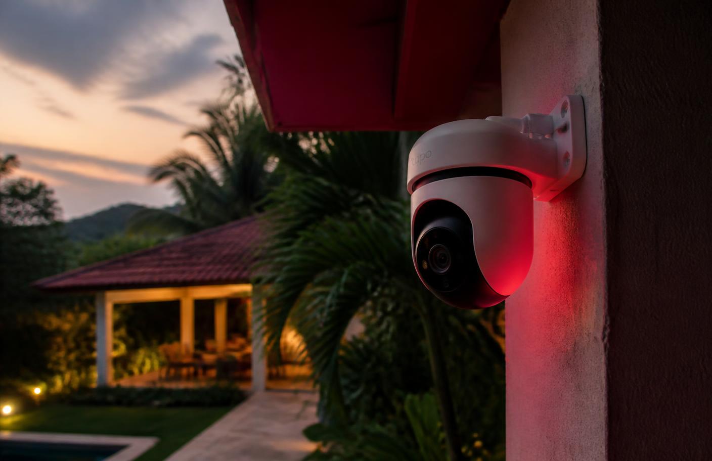 Cámara de seguridad instalada en la pared exterior de una casa al atardecer