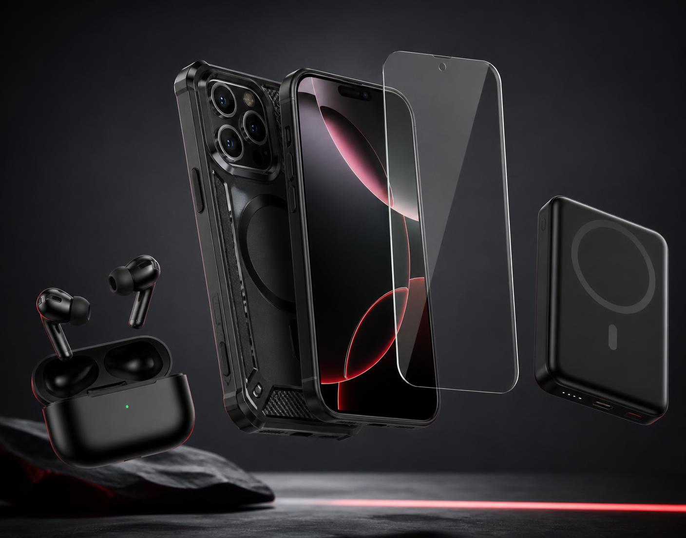 Celular con estuche antigolpes, vidrio templado, audífonos y batería portátil
